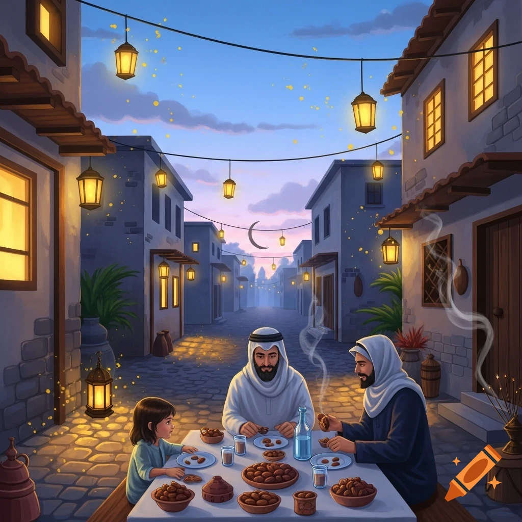 An illustration of two men and a child sharing a meal outdoors in a Middle Eastern village at dusk, with glowing lanterns and a crescent moon.