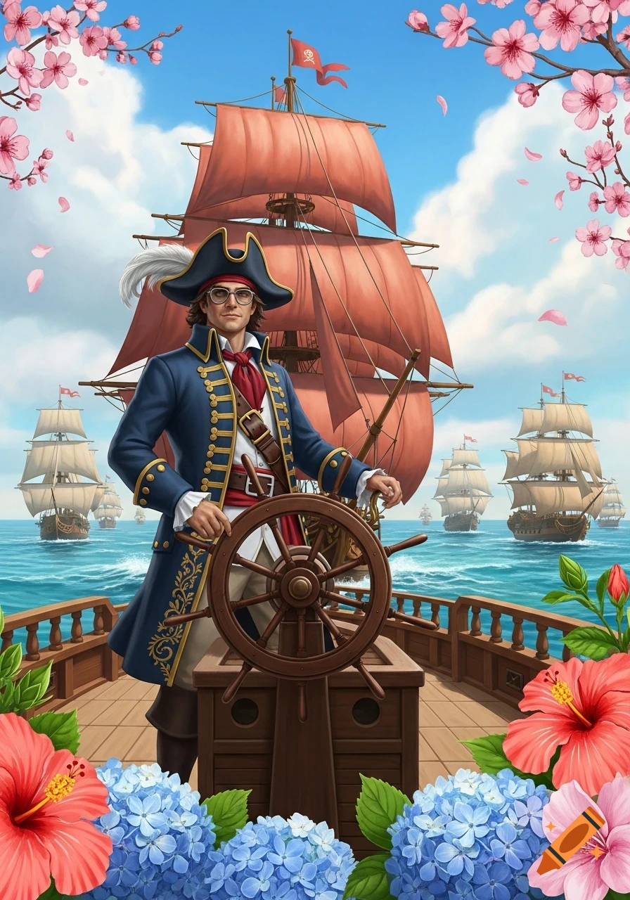 A preppy pirate in a blue coat stands at the helm of a tall ship with red sails, surrounded by other ships on a blue sea, framed by colorful flowers.