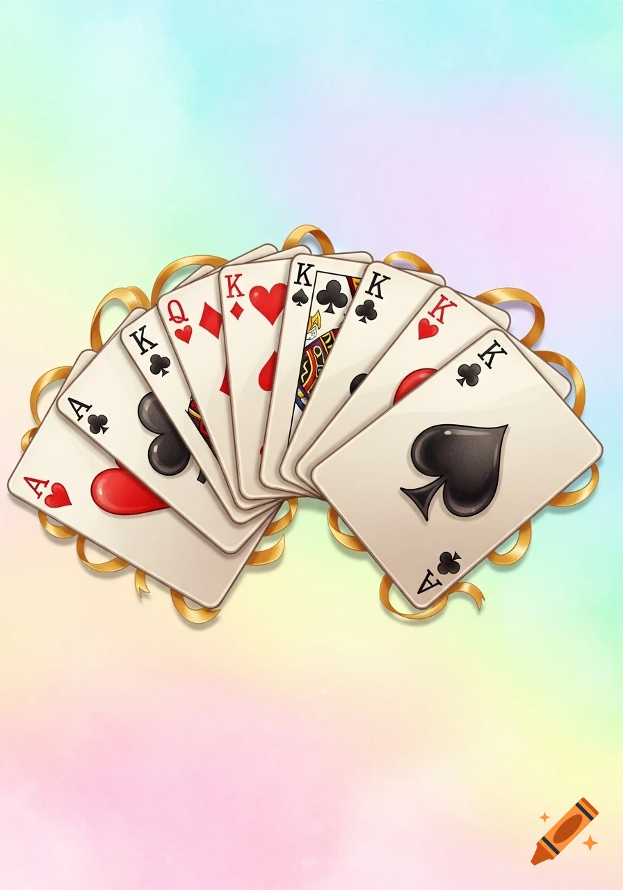A fan of playing cards, including Aces, Kings, and a Queen, against a pastel rainbow background with gold ribbons.