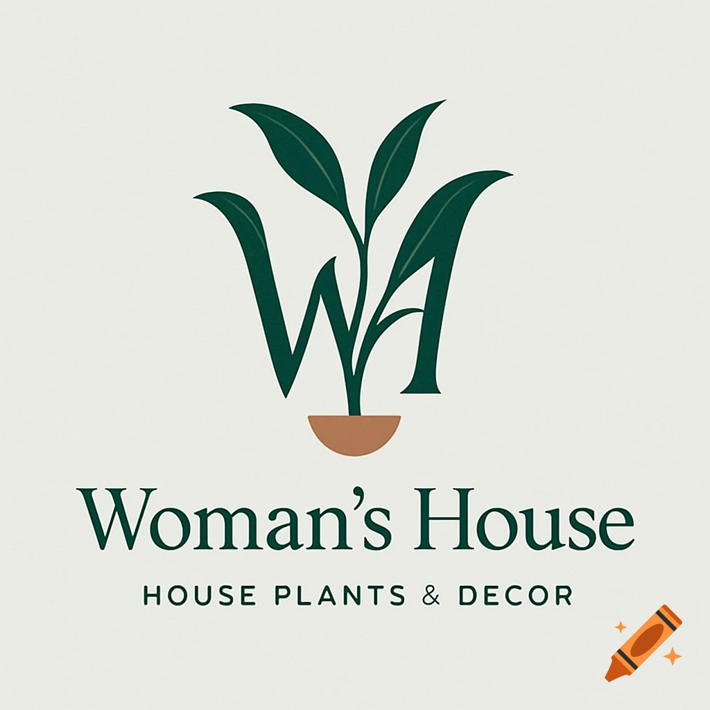 Minimalist logo with green 'WA' forming a plant in a pot, text 'Woman's House HOUSE PLANTS & DECOR' on a light background.