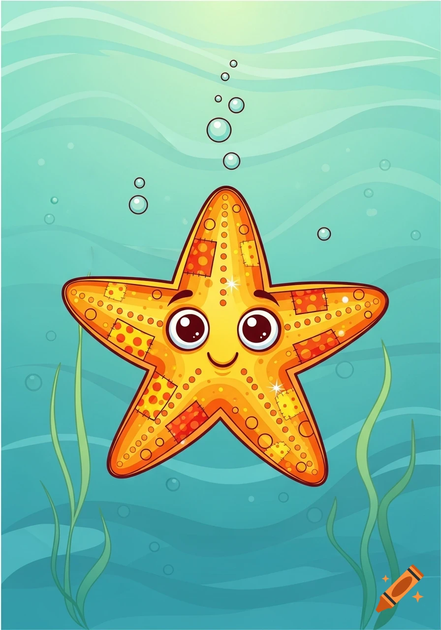 A cheerful, orange cartoon starfish with large eyes and patterned skin floats underwater with bubbles and green seaweed.