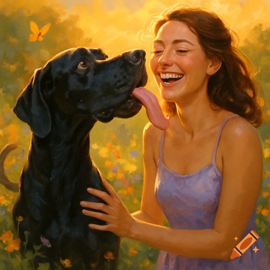 Painterly image of a happy woman laughing as a black dog licks her cheek in a sunny field with flowers and a butterfly.