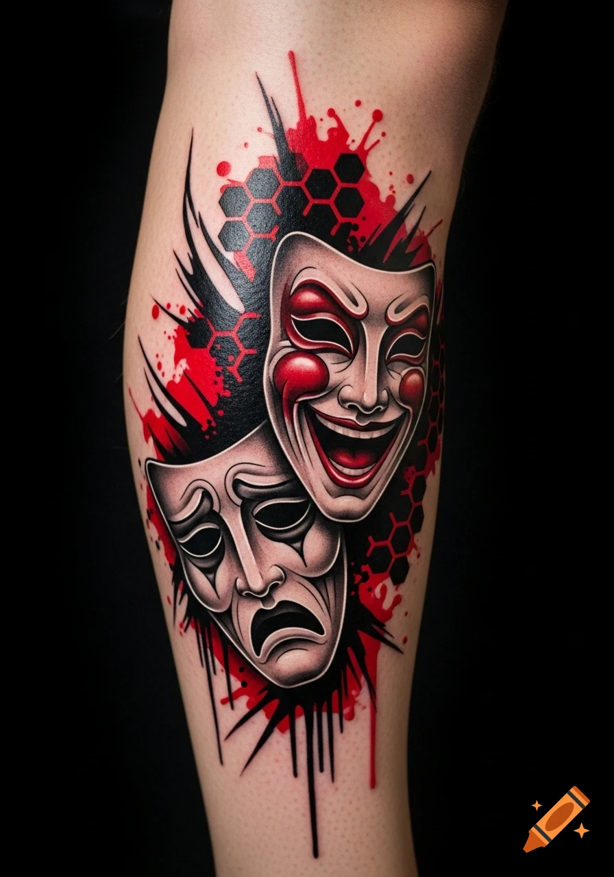 A vibrant Trash Polka style tattoo on a leg, featuring a happy theatrical mask overlapping a sad one, against a background of red paint splatters and black honeycomb patterns.