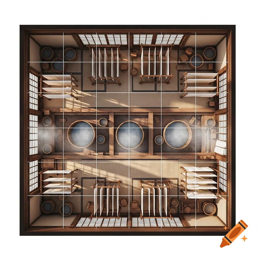 Overhead view of a gridded medieval Japanese laundry room with large soaking tubs and drying racks.