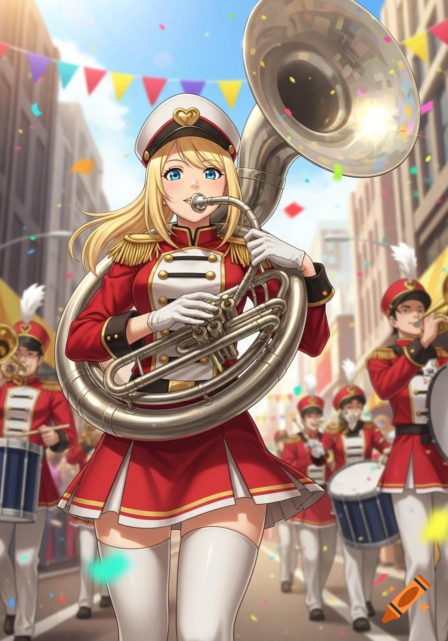 Anime girl in a red marching band uniform plays a sousaphone during a confetti-filled parade.