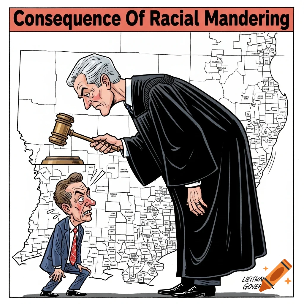 A political cartoon showing a judge in a black robe holding a gavel over a small, scared man identified as the lieutenant governor, all against a background of a map with electoral districts.