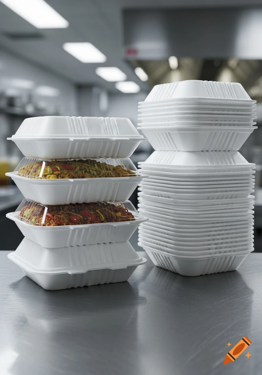 Stacks of white polystyrene foam food containers, some filled with food, on a stainless steel counter in a kitchen.