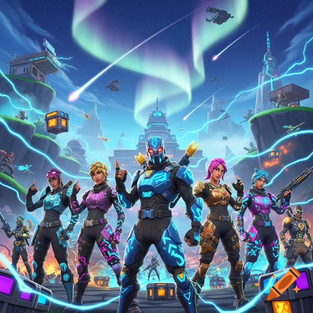 Stylized Fortnite characters in futuristic outfits pose heroically in a vibrant, aurora-lit alien landscape with meteors and glowing structures.