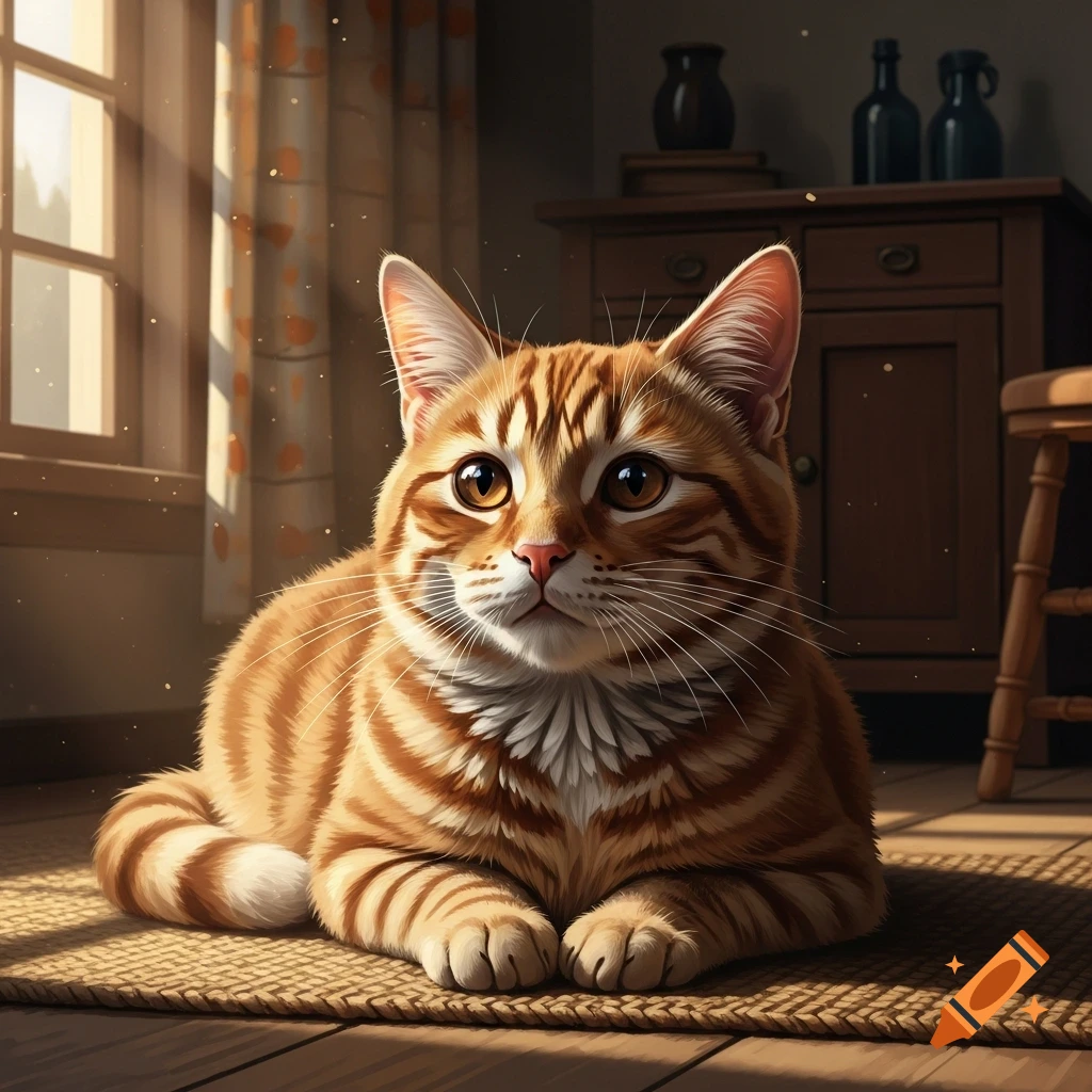 An orange tabby cat with amber eyes lies on a woven mat in a sunlit ...
