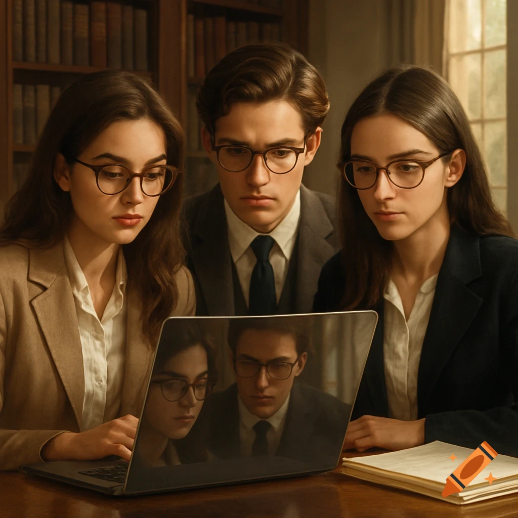 Three young students wearing glasses and elegant attire intensely look at a laptop in a library.