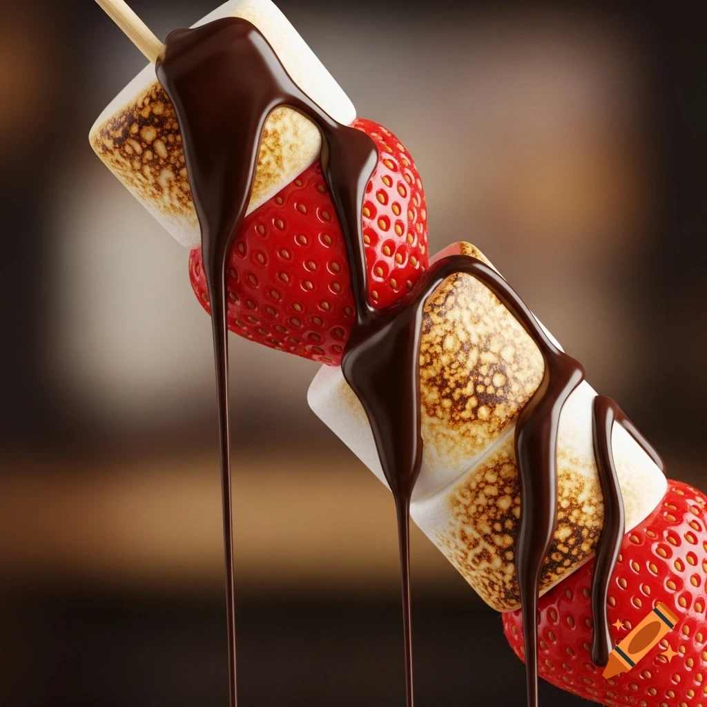 Photorealistic close-up of marshmallows and strawberries on a skewer, heavily drizzled with rich chocolate sauce.