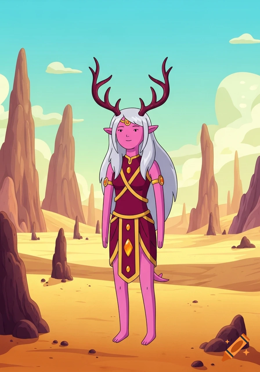 An antlered, pink-skinned female character in ceremonial attire stands in a desert with rock spires, in the Adventure Time art style.