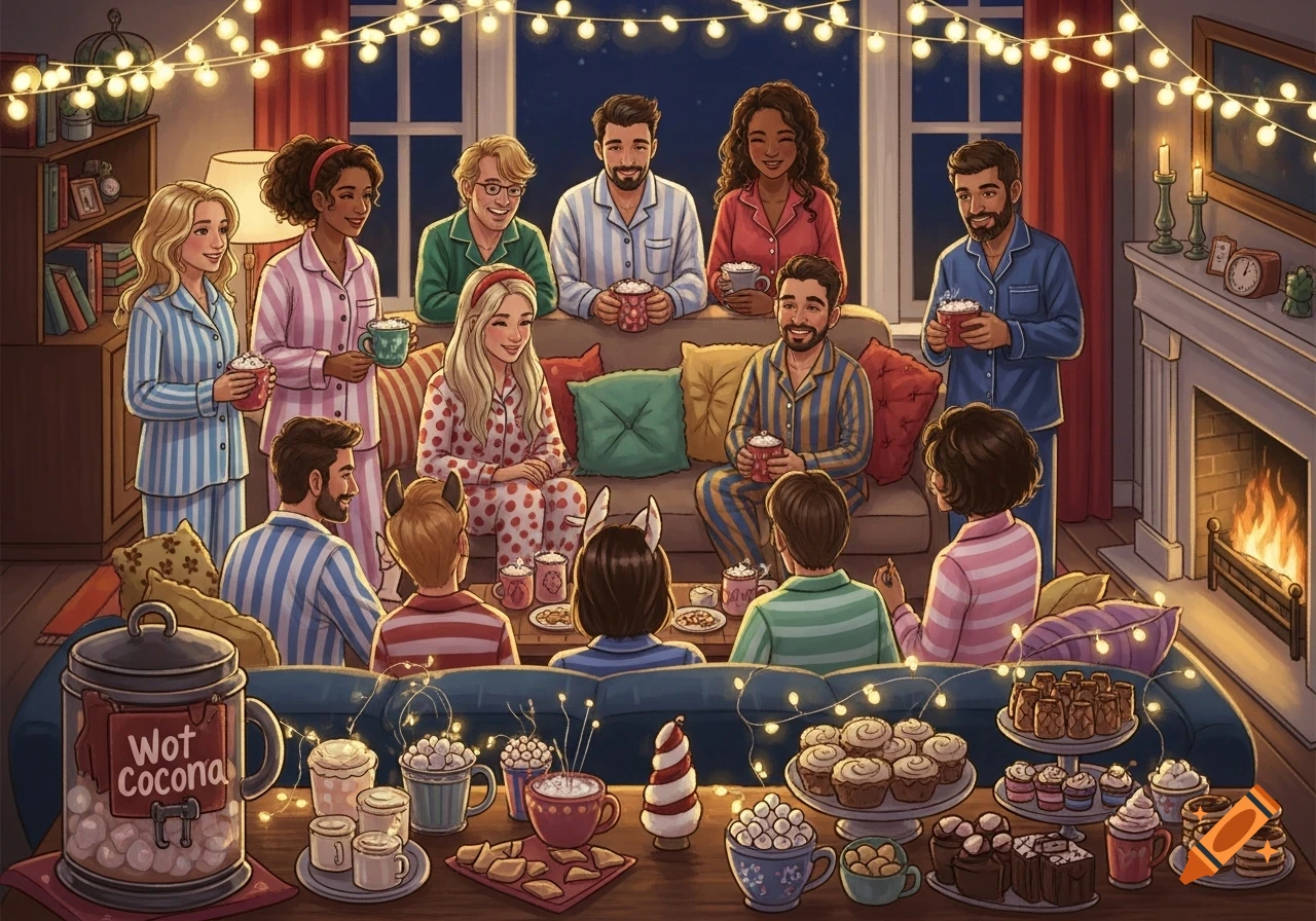 A cheerful cartoon illustration of a diverse group of friends enjoying a cozy pajama party with hot cocoa and snacks by a fireplace.