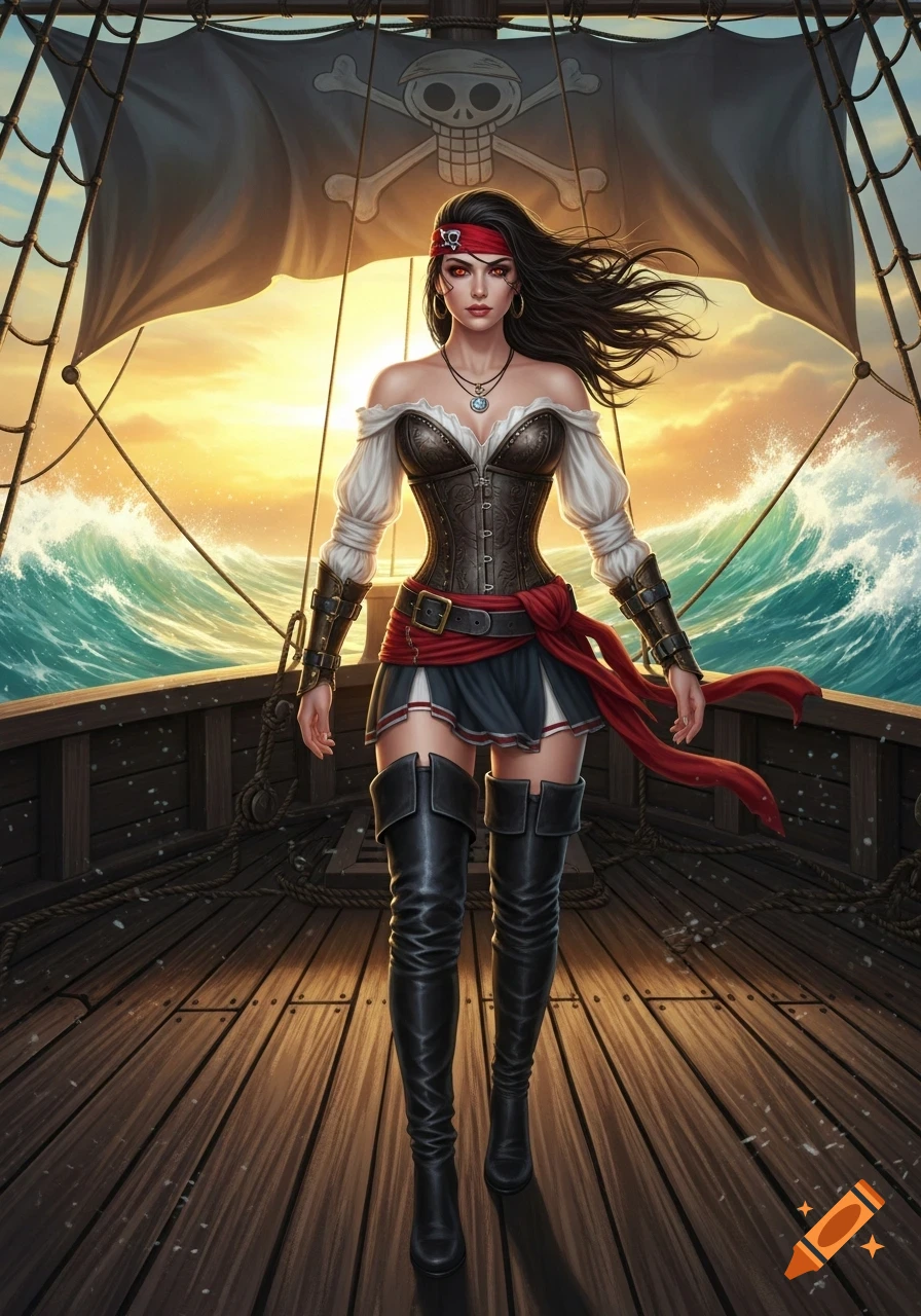 Full body illustration of a fierce pirate woman on a ship deck at sunset, wearing a corset and thigh-high boots, with a skull and crossbones flag.