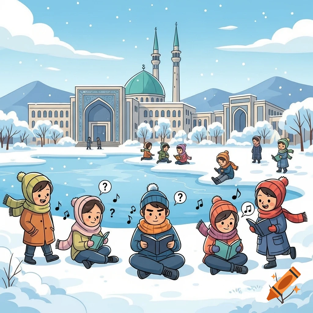 Cartoon illustration of children in winter clothes reading books and playing in a snowy landscape with a mosque and mountains in the background.