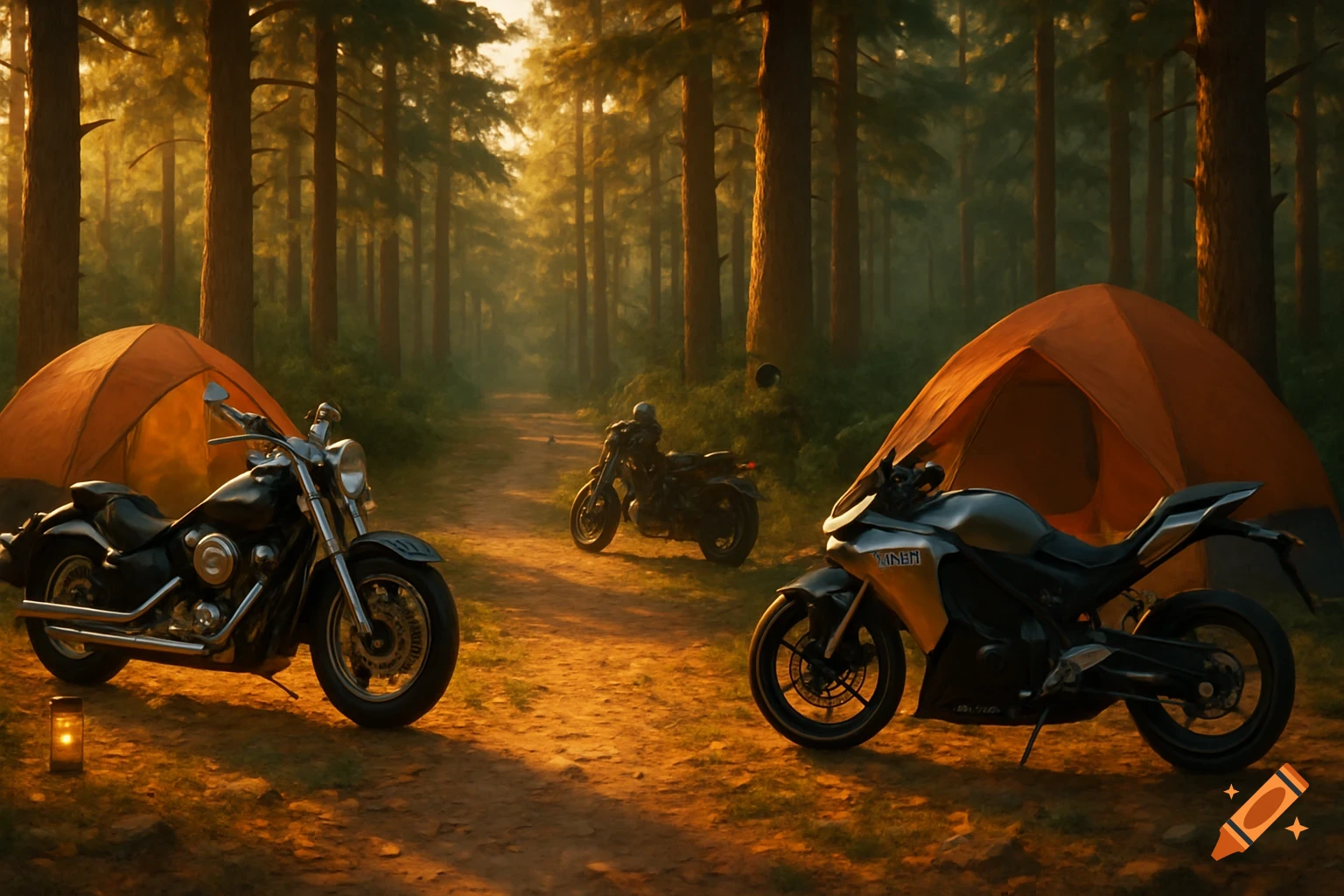 Three motorcycles parked in a sunlit forest campsite with orange tents.
