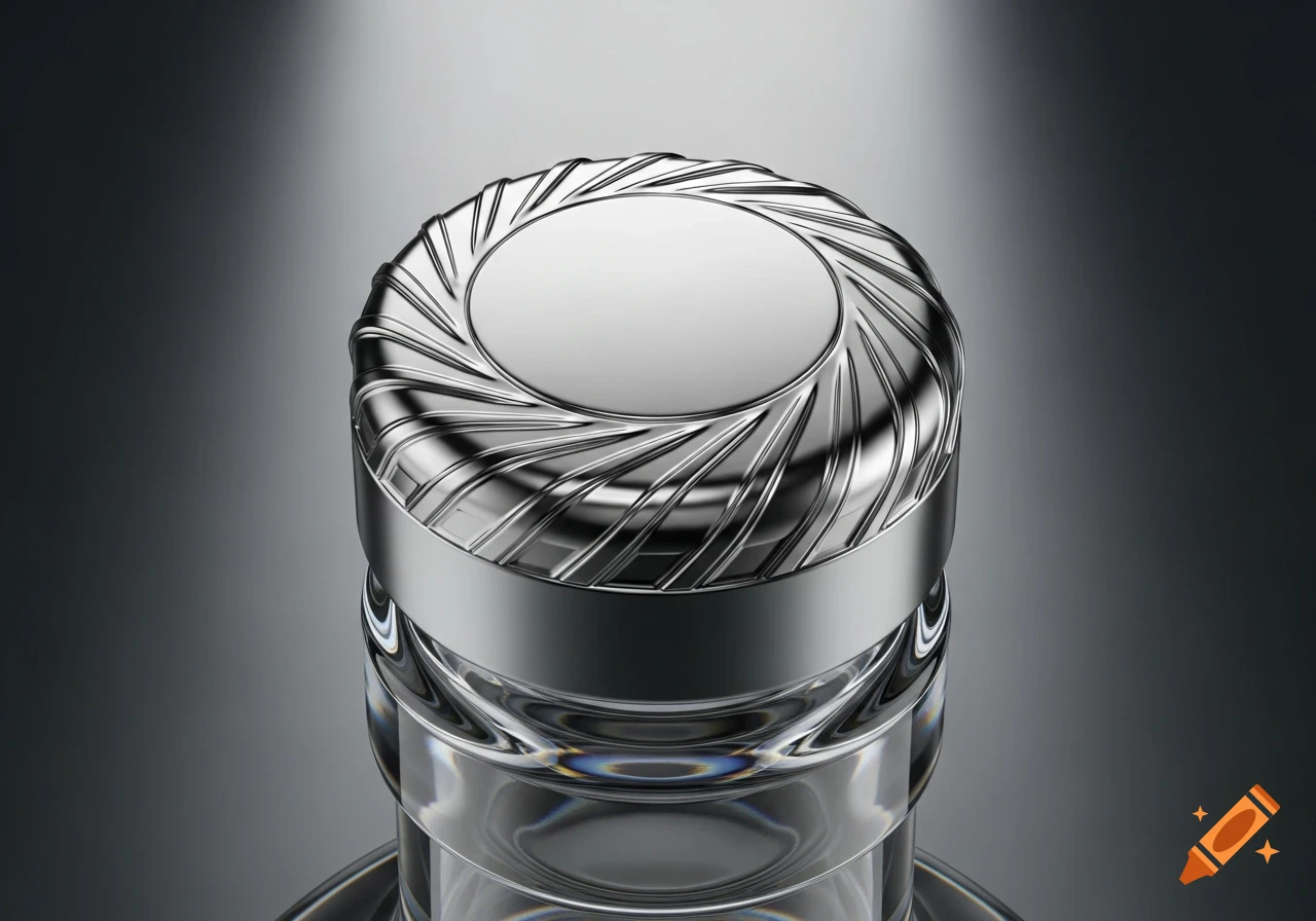 A close-up of a shiny silver metallic bottle cap with a spiral relief design atop a clear glass bottle, against a dark gradient background.