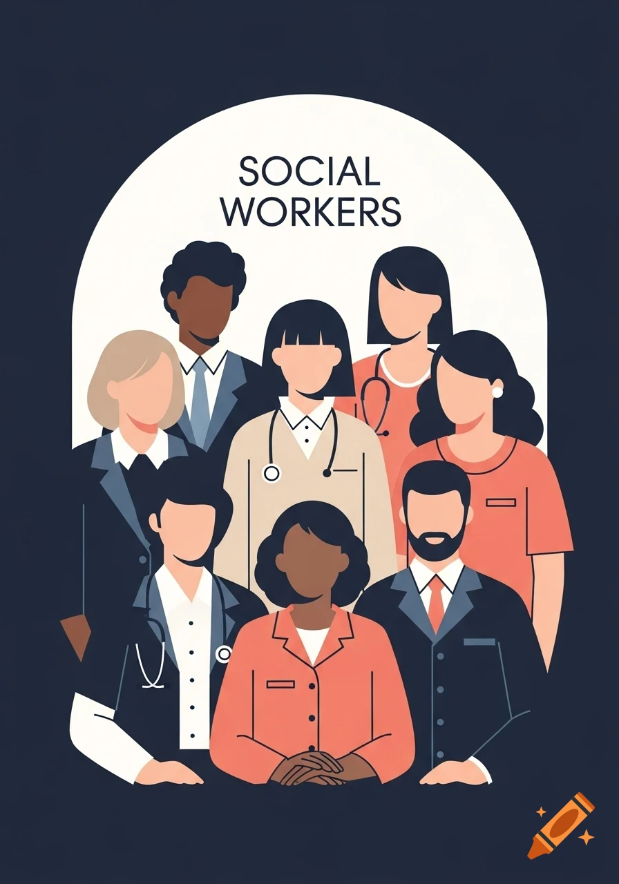Minimalistic illustration of diverse social workers with the text 'SOCIAL WORKERS'.