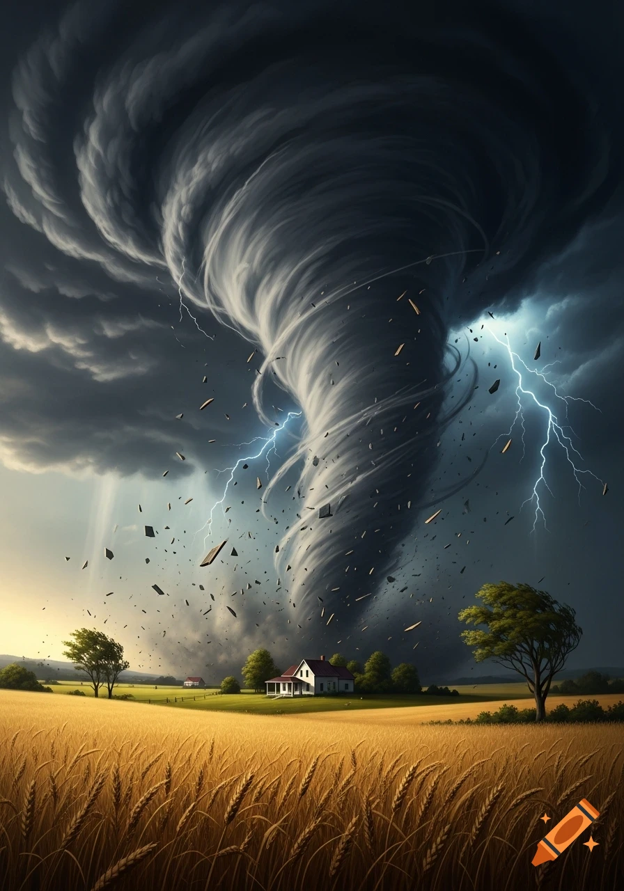 A massive, dark tornado swirls over a golden wheat field, with lightning and flying debris, approaching a small house. Photorealistic.