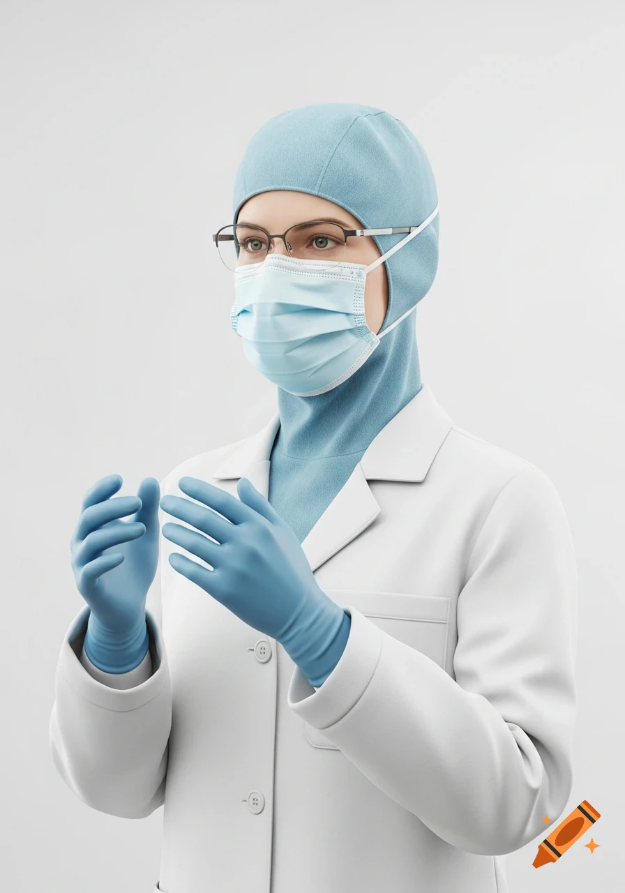 3D illustration of a person in a blue scrub cap, surgical mask, glasses, white lab coat, and blue gloves on a white background.