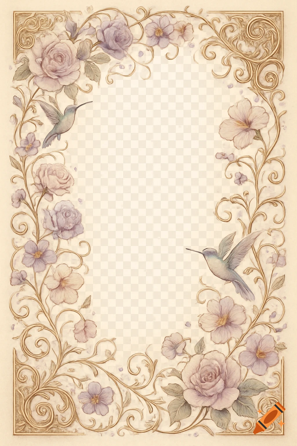 A romanticized, vintage-style manuscript border with pastel roses, small flowers, and hummingbirds surrounding a transparent center.