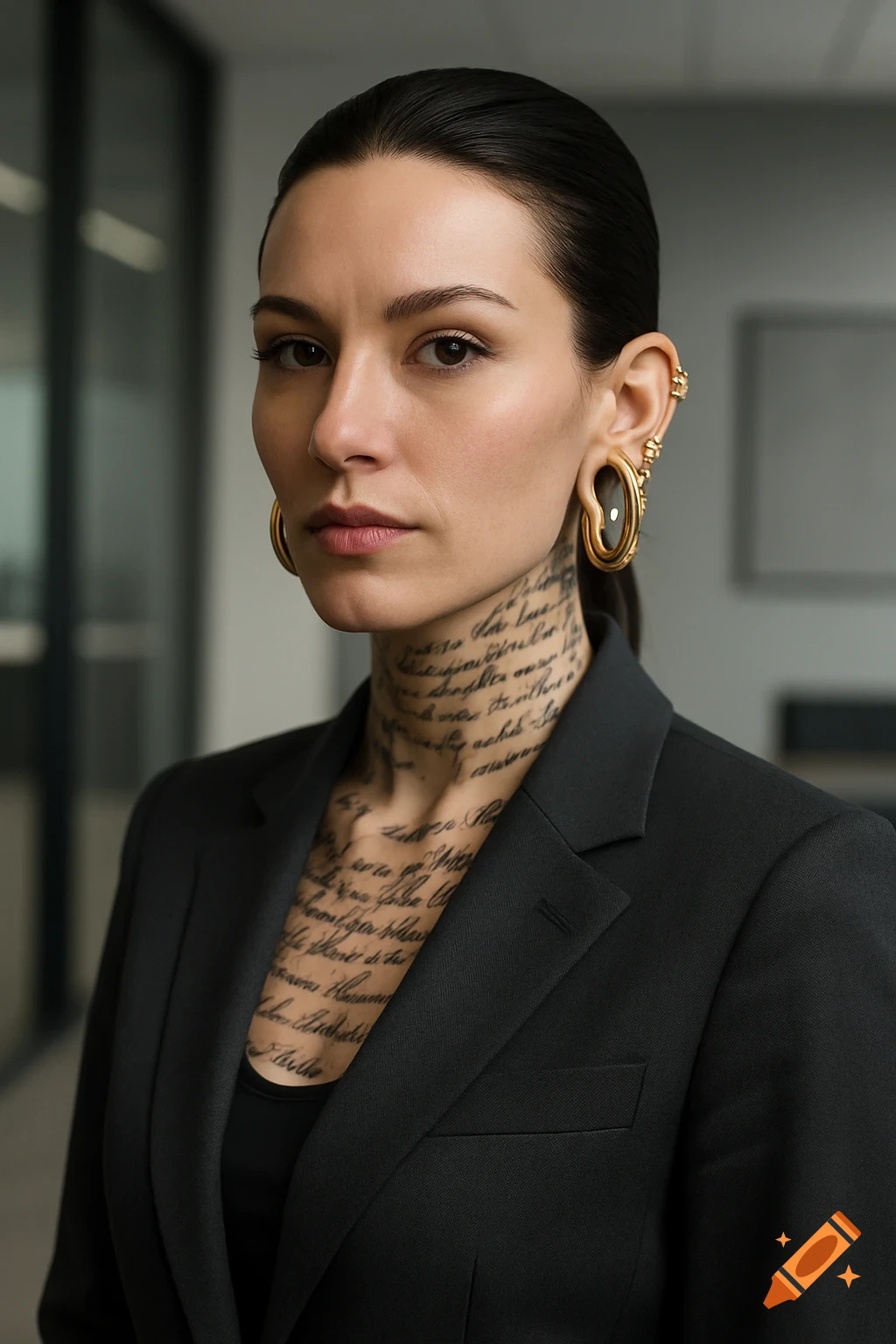 Photorealistic portrait of a business woman with slicked-back hair, prominent gold ear piercings, and script tattoos on her neck and chest.