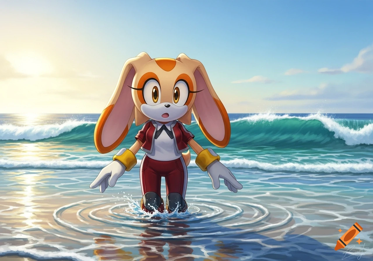 Cream the Rabbit from Sonic wading in the ocean with waves behind her, under a bright sky, in a cartoon style.
