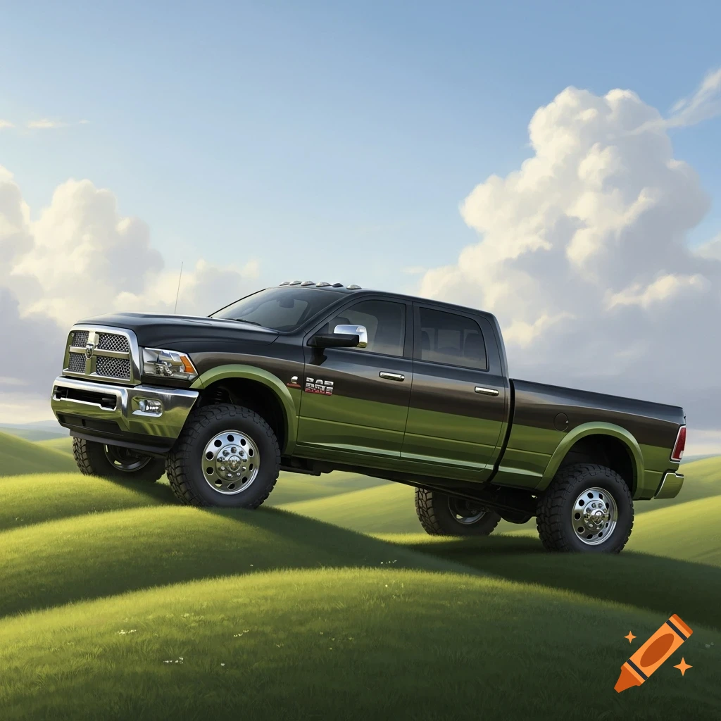 A black and green 2012 Ram 3500 truck with a black wrap on the top half drives up a grassy hill under a blue sky with clouds.