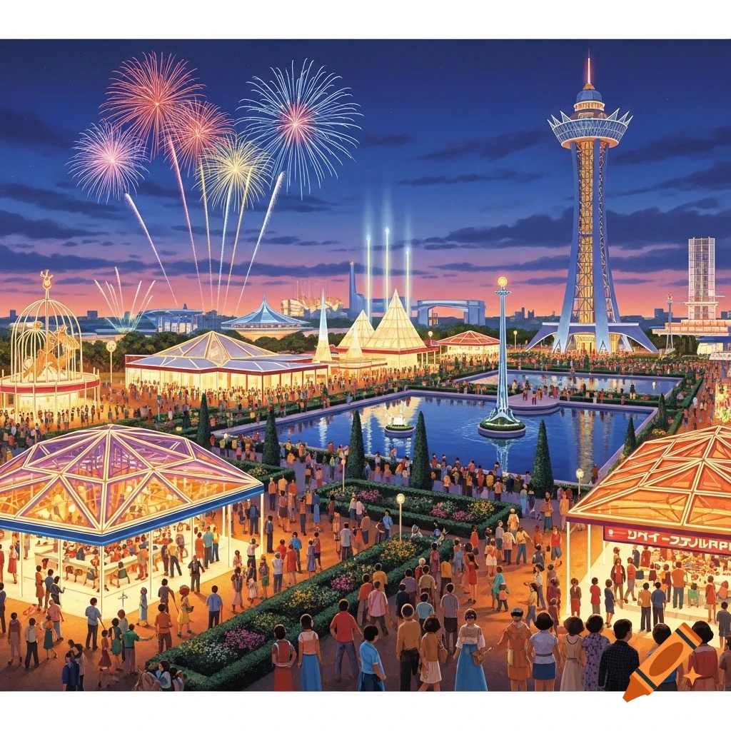 A vibrant, crowded amusement park at dusk with fireworks exploding over futuristic buildings and a tall observation tower.