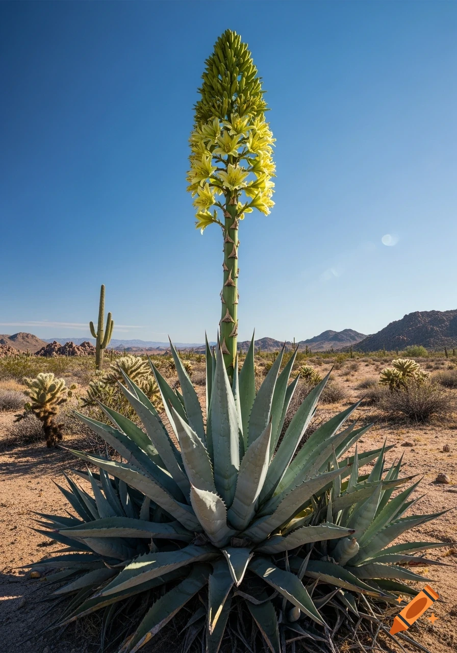A tall agave plant with a yellow flower stalk stands in a sunny desert landscape with cacti and mountains under a blue sky.