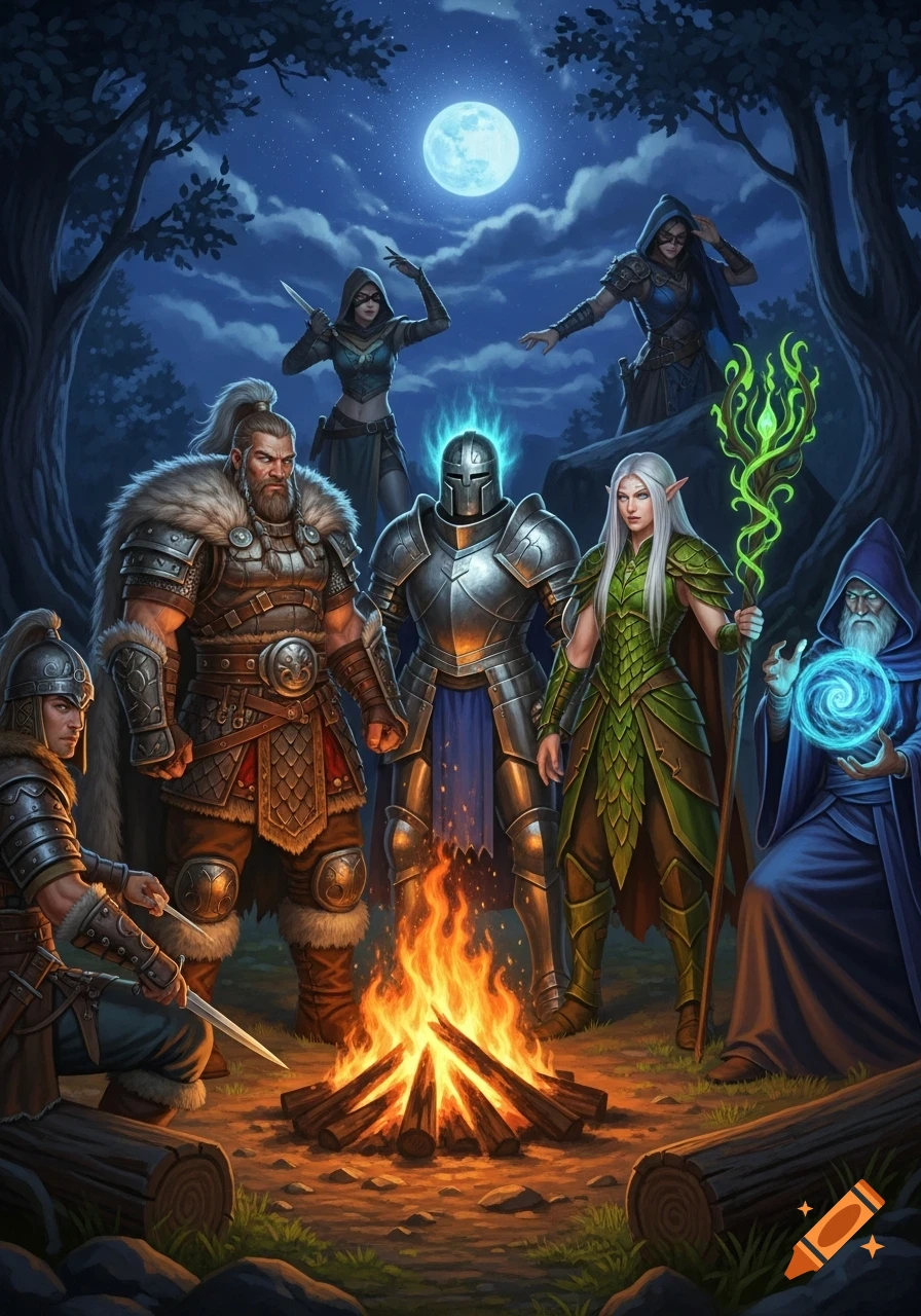 A diverse group of fantasy adventurers including a barbarian, paladin, elf, mage, and warriors gathers around a campfire at night in a dark forest under a full moon.