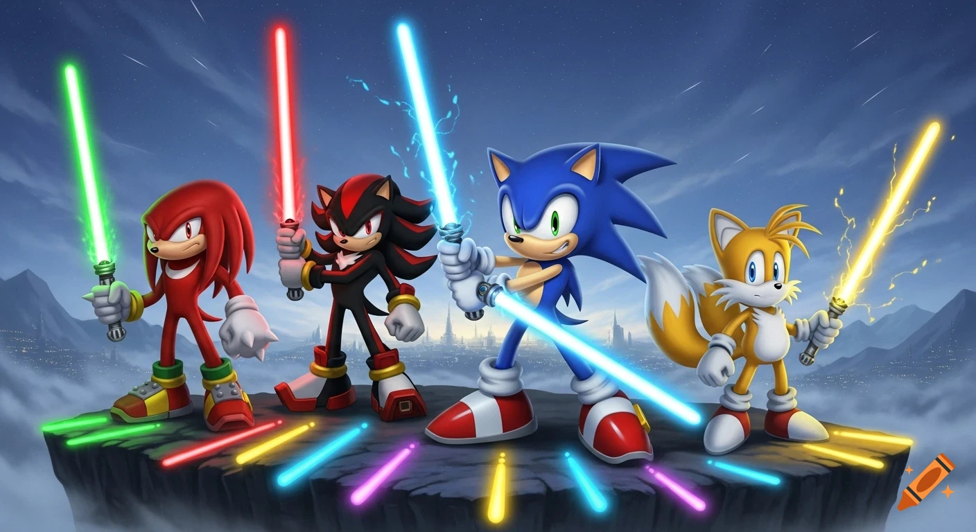 Knuckles, Shadow, Sonic, and Tails from Sonic the Hedgehog stand on a cliff holding different colored lightsabers, against a starry sky.