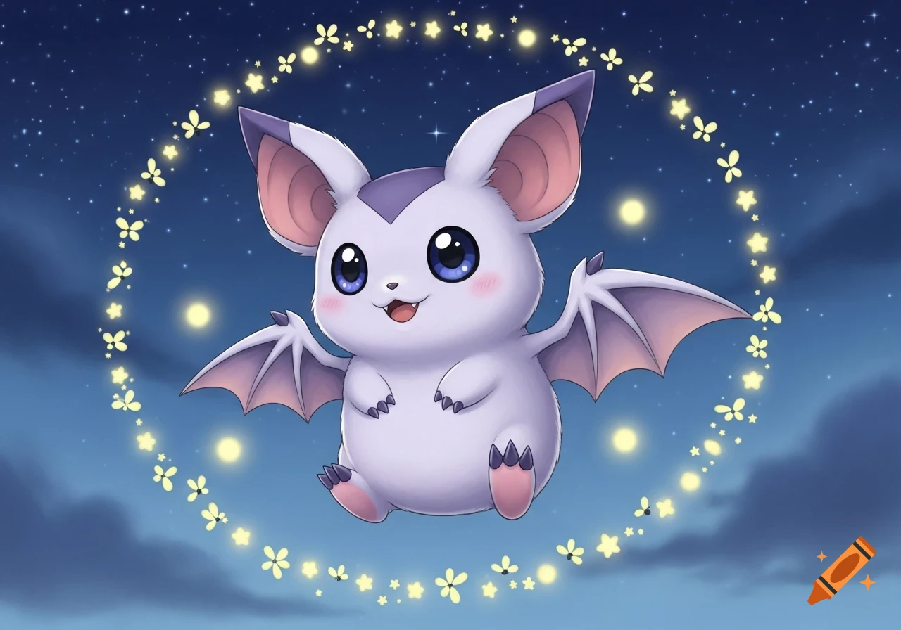 A cute, stylized purple and white bat creature with large ears and big blue eyes floats within a glowing ring of stars and butterflies against a starry night sky.