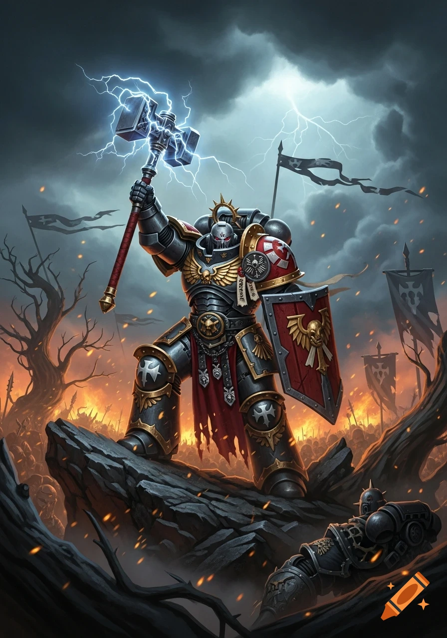A heavily armored warrior, resembling a Warhammer Space Marine, stands on rocks holding a lightning hammer amidst a fiery battlefield.