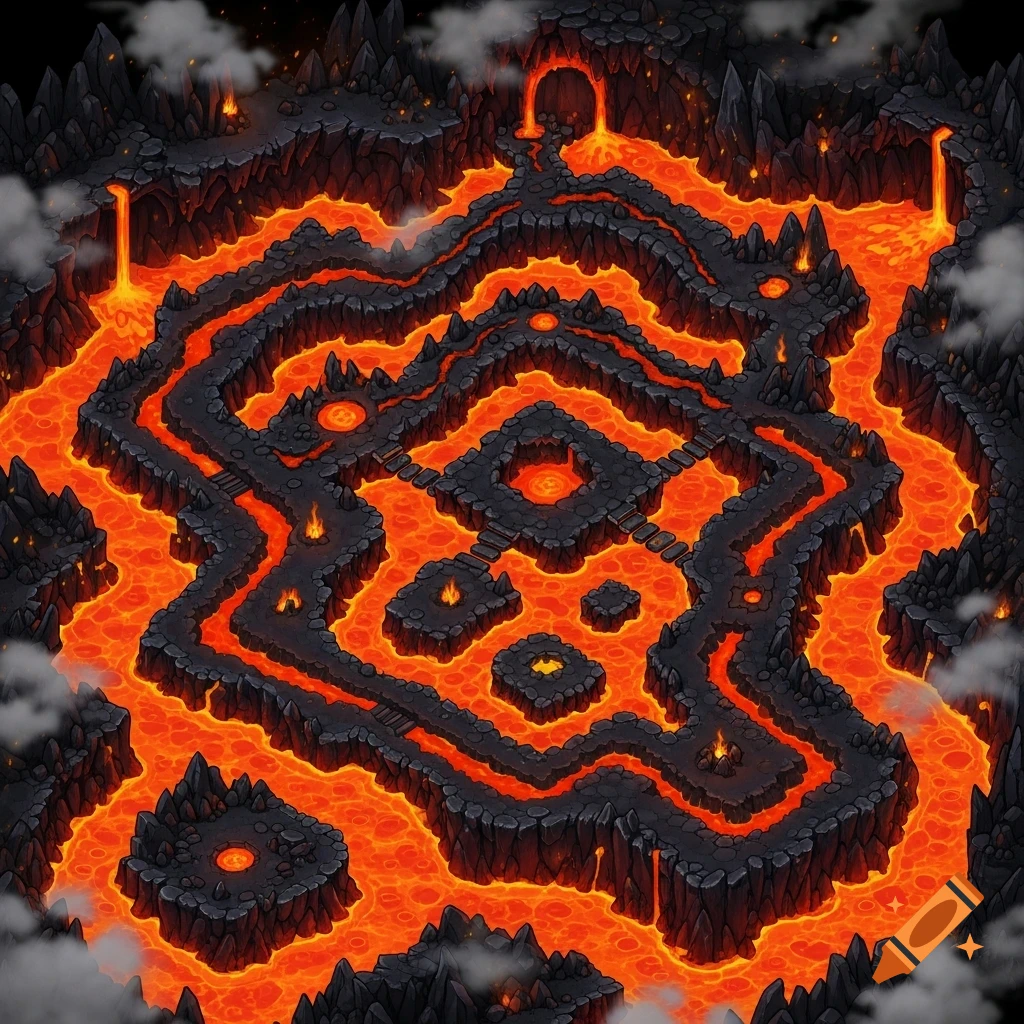 Top-down RPG style map of a volcanic cave with rivers of bright orange lava flowing through dark rock formations.
