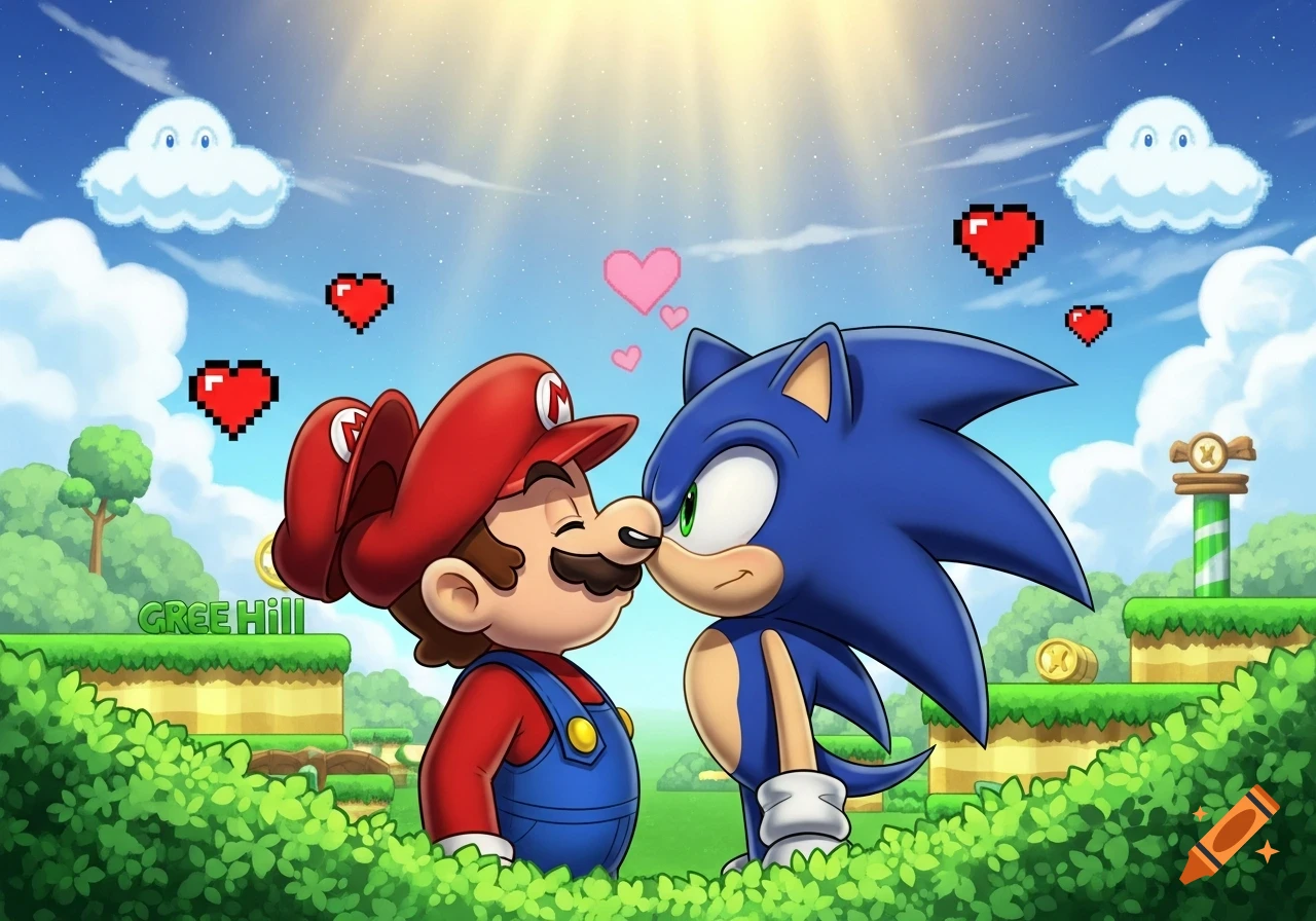 Mario and Sonic almost kissing in a bright, cartoonish video game landscape with pixelated hearts floating around them.