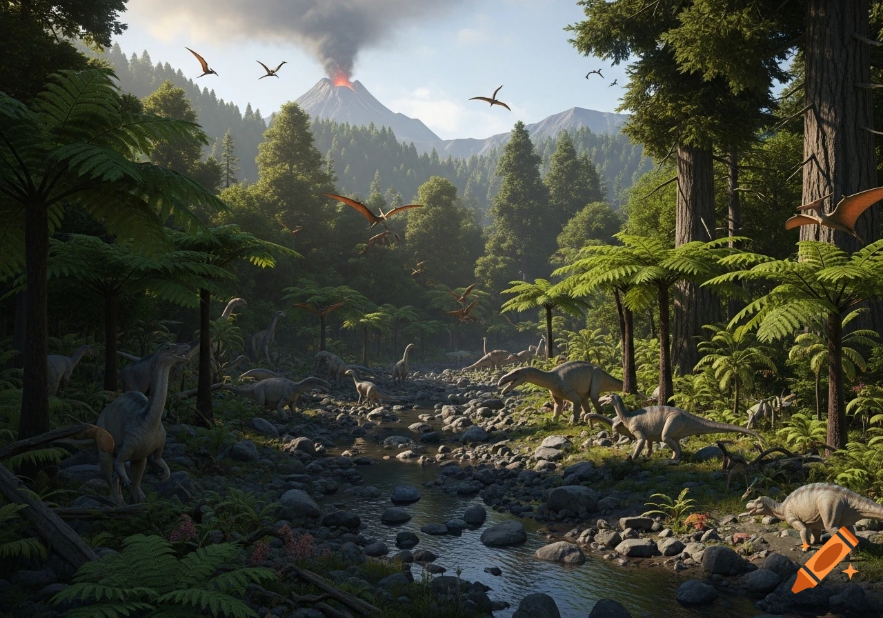 A vibrant prehistoric landscape with multiple dinosaurs and pterosaurs near a rocky river, surrounded by lush ferns and towering trees, with an erupting volcano in the distance.