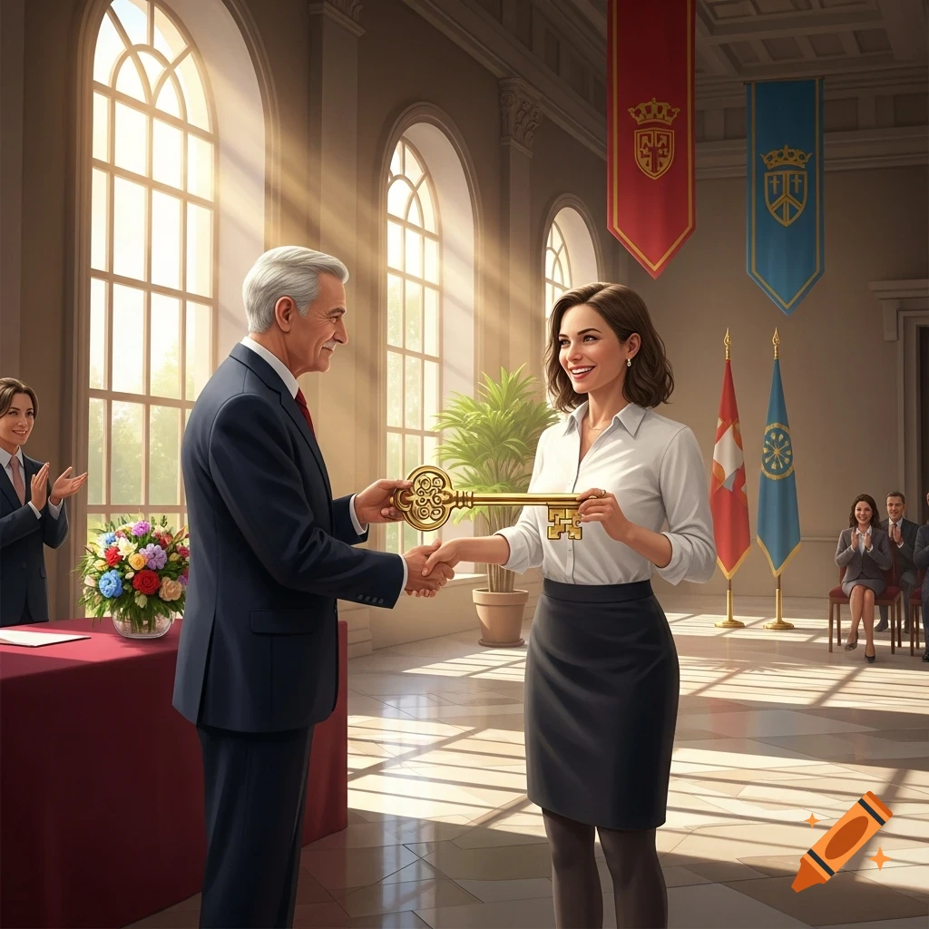 A man in a suit hands a large golden key to a woman in a white shirt and black skirt, shaking her hand in a grand hall during a ceremony.