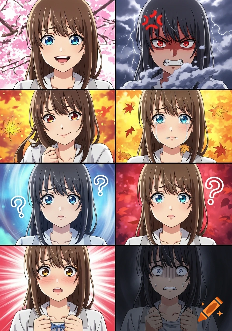 An 8-panel anime collage depicting a girl with brown hair and blue eyes showing different emotions: happy, angry, smirking, crying, confused, confused again, surprised, and scared.