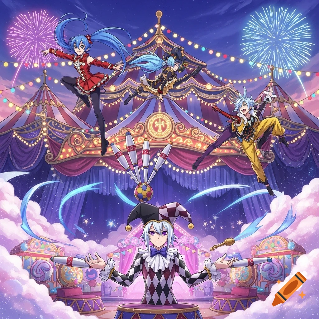 Anime illustration of multiple characters performing at a vibrant circus at night with fireworks, featuring a jester and acrobats.