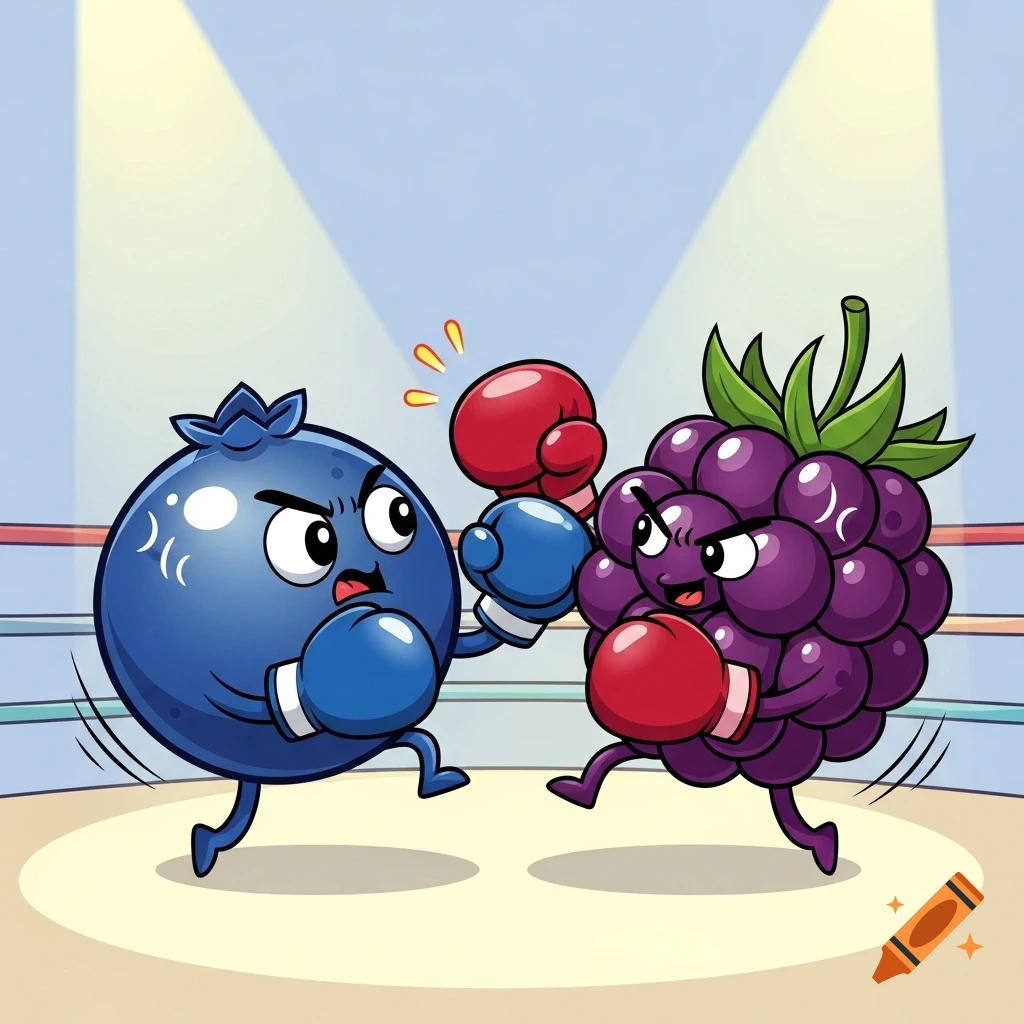 A cartoon blueberry and blackberry wear boxing gloves and fight in a brightly lit boxing ring.