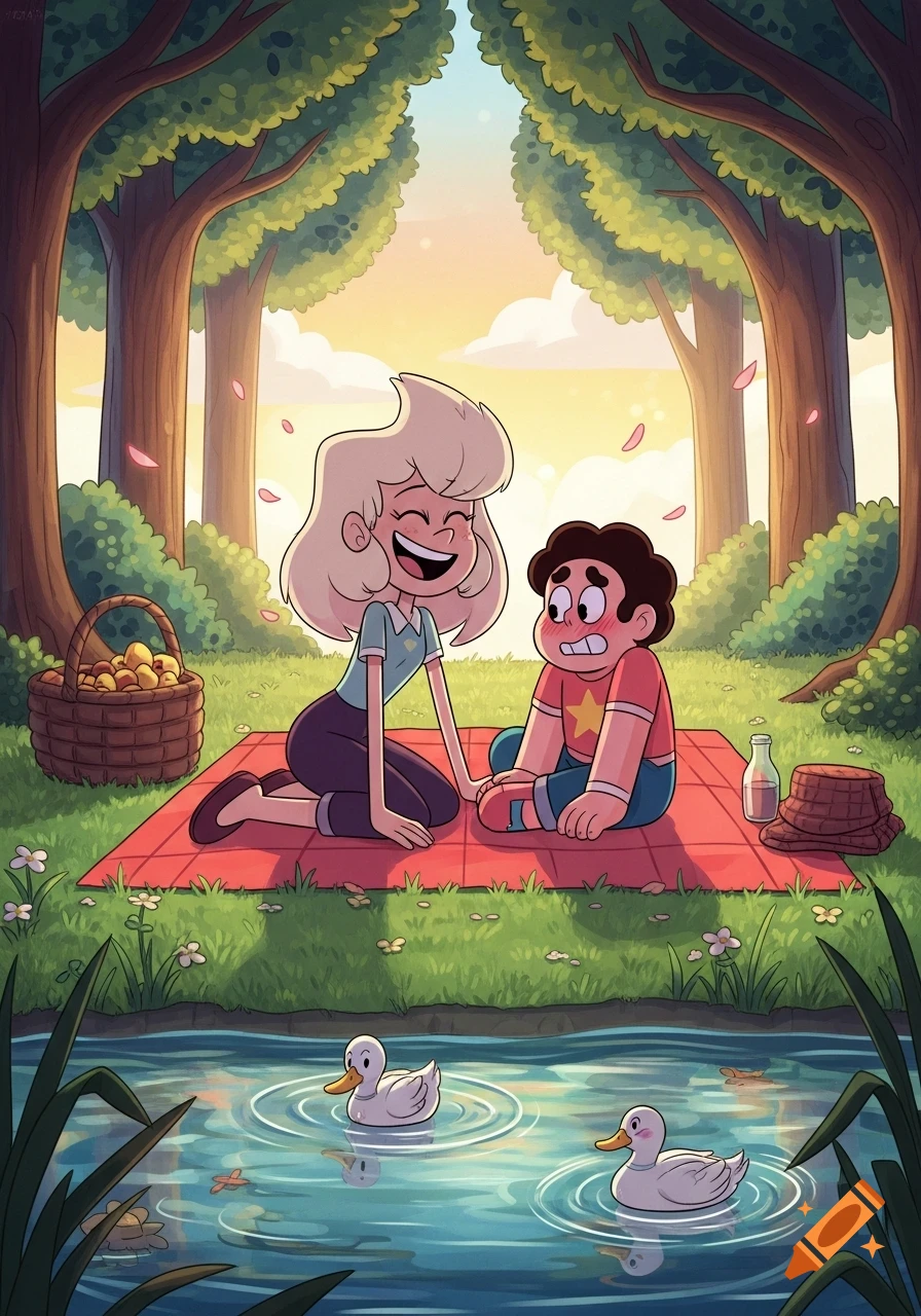 Cartoon characters Lynn Loud and Steven Universe on a picnic by a pond with ducks, in a lush park setting.
