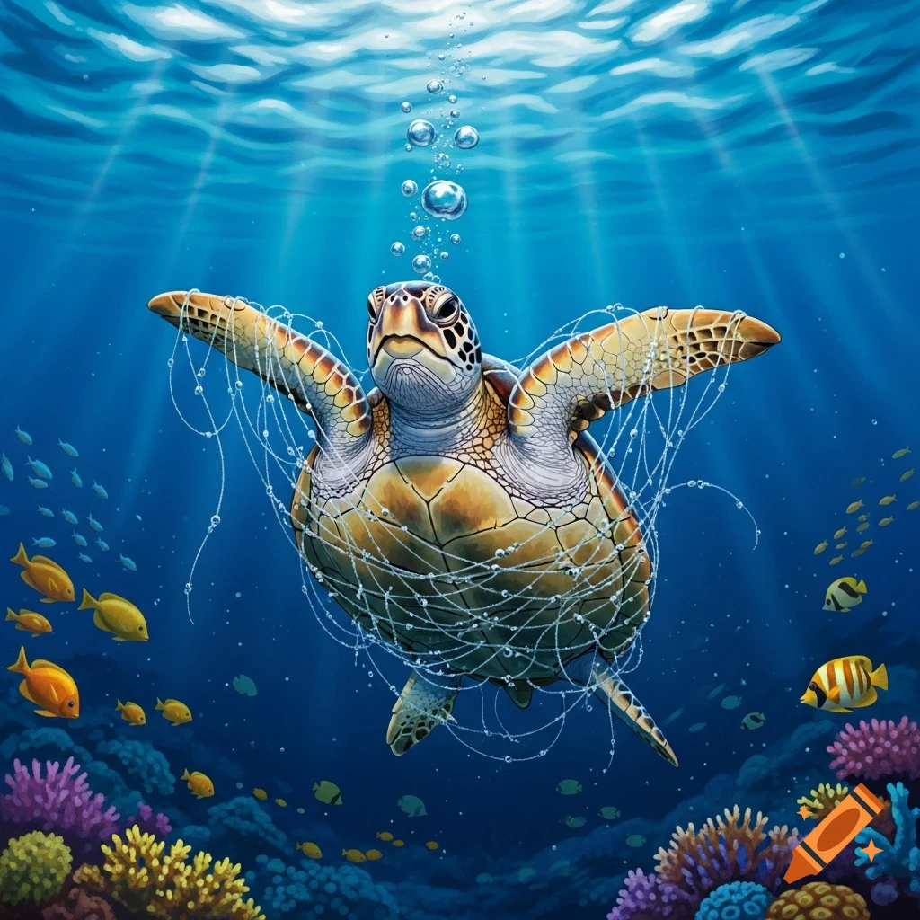 A sea turtle, trapped in a fishing net, swims in a vibrant blue ocean surrounded by colorful coral and small fish.