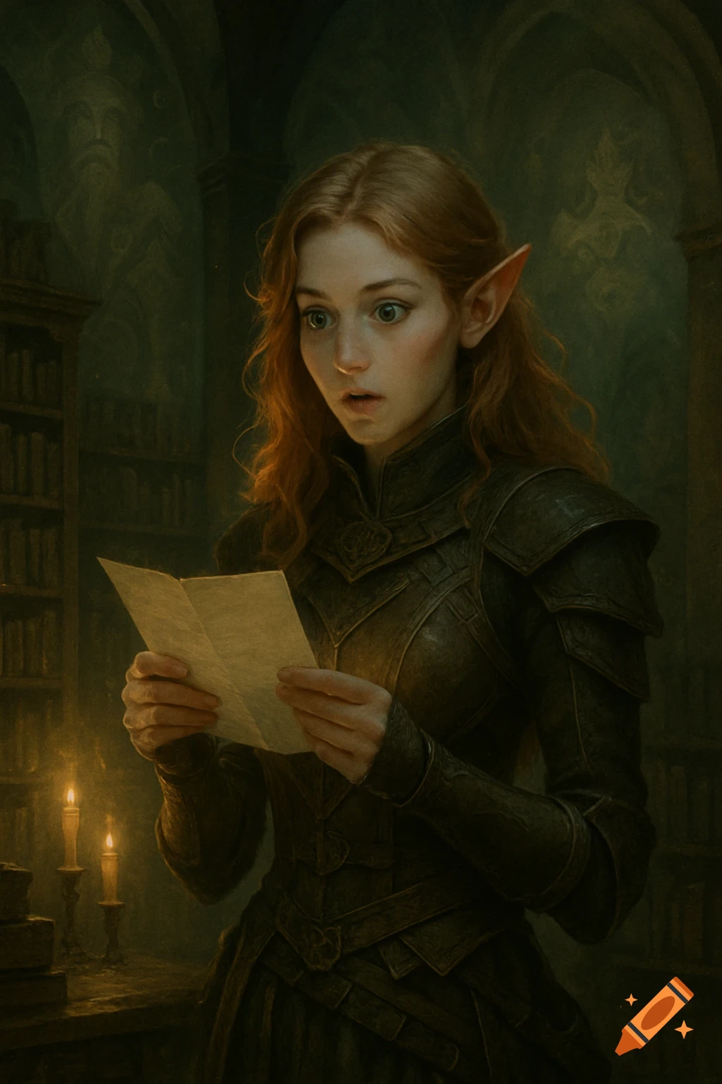 A surprised red-haired half-elf in dark leather armor reads a letter by candlelight in a dim, spooky library.