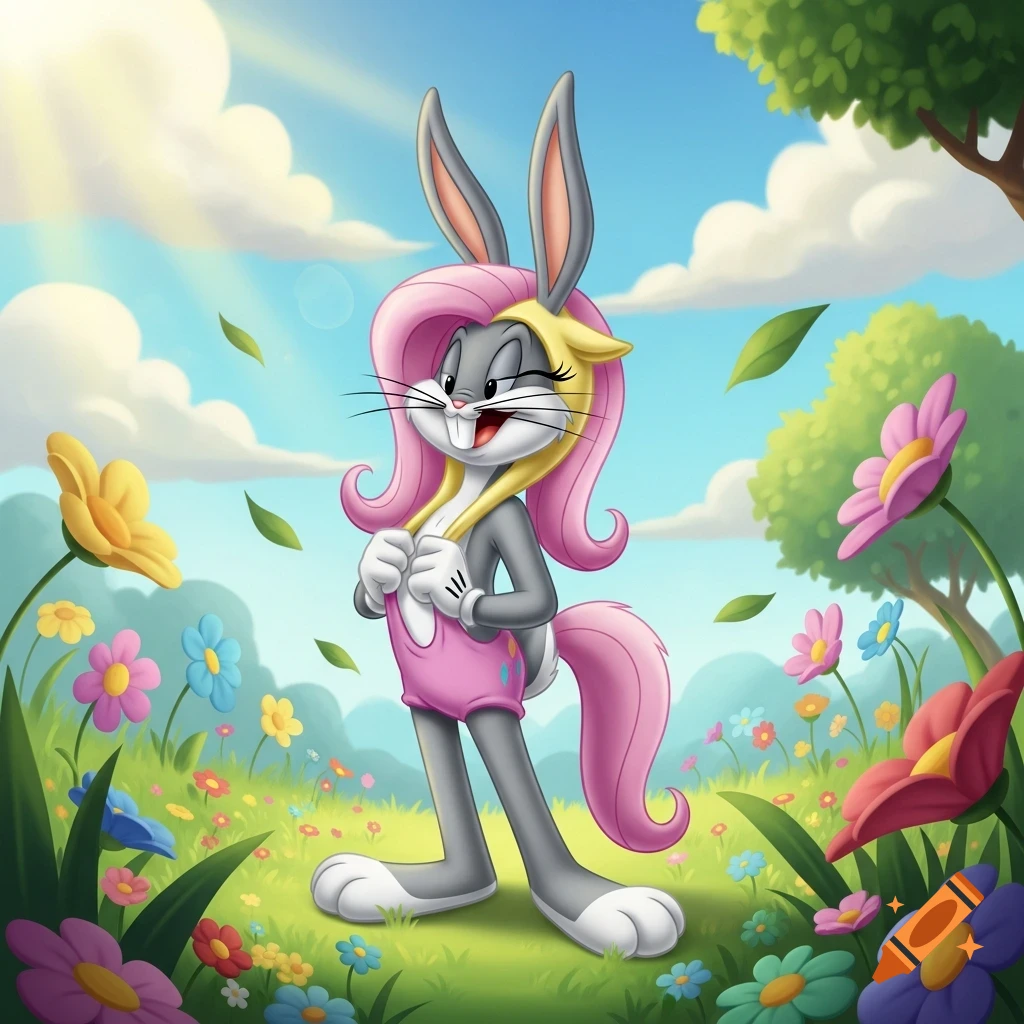 Bugs Bunny in a pink and yellow Fluttershy costume stands smiling in a vibrant flower field under a blue sky.