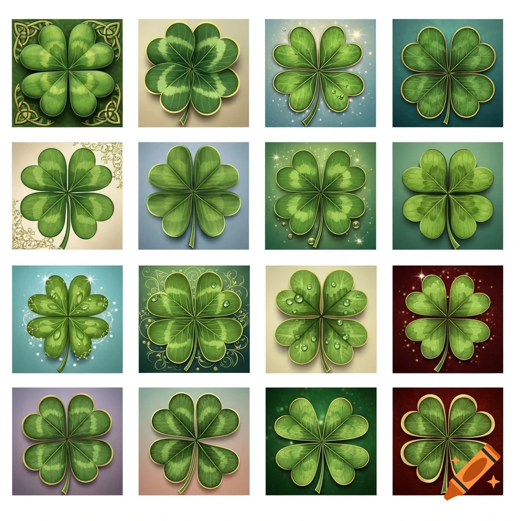 A grid of 16 vibrant green four-leaf clover icons with various stylized backgrounds and details like dew drops.