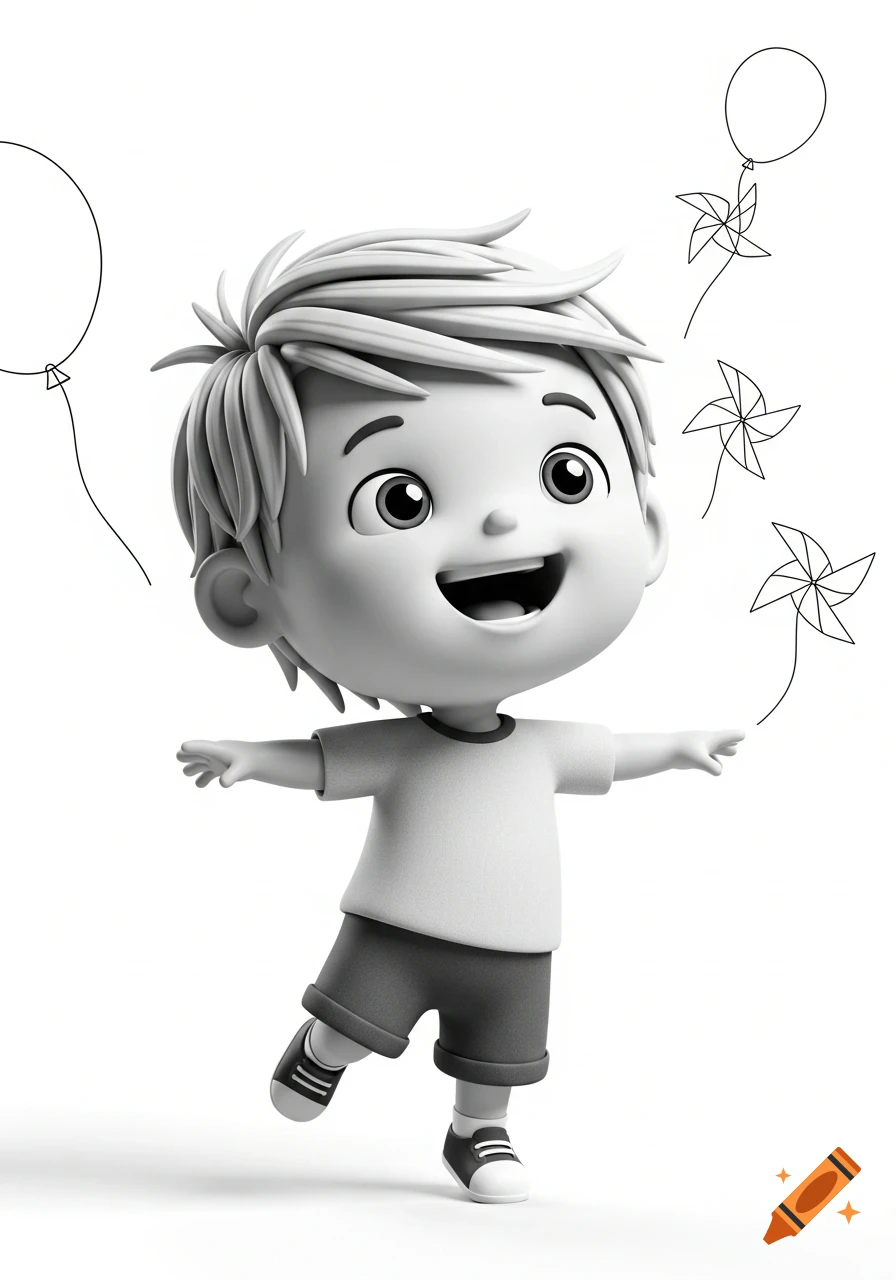 Joyful 3D cartoon boy in grayscale balancing with arms out, surrounded by line art balloons and pinwheels.