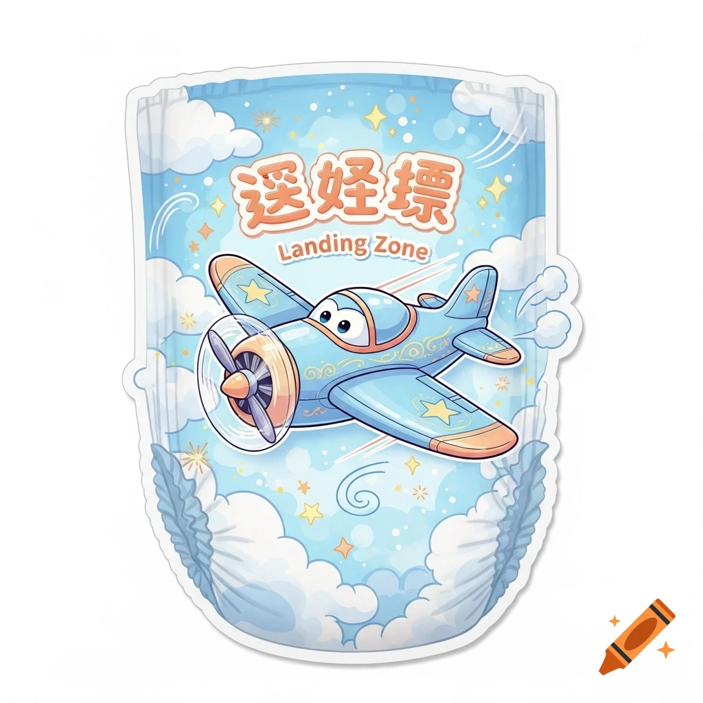 Cartoon blue airplane with eyes on a diaper-shaped sticker against a light blue sky with clouds and stars. Text says 'Landing Zone'.
