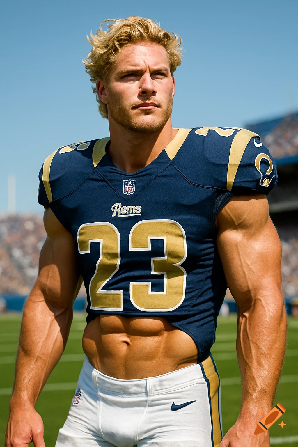 A muscular male football player in a blue and gold 'Rams' number 23 jersey on a field under a clear sky.
