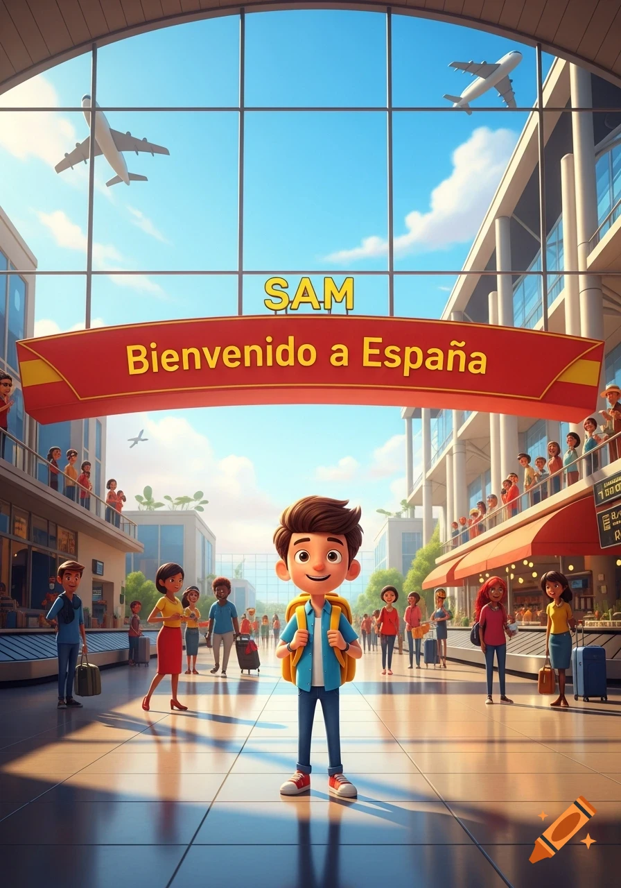 A happy cartoon boy with a backpack at a bright airport terminal under a 'SAM Bienvenido a España' banner, with planes outside.